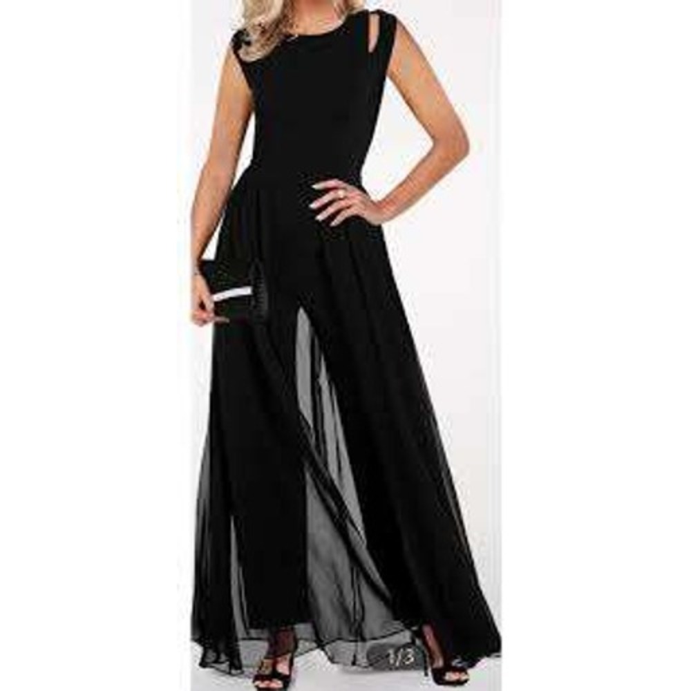 Black Sleeveless Cut Out Shoulder Overlay Pantsuit Jumpsuit Large